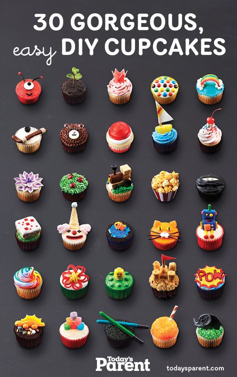 We’ve whipped up a month’s worth of decorating ideas for our 30th birthday, because we think every day calls for adorable desserts! Frost Cupcakes, Deco Cupcake, Cupcakes Design, Cupcakes Decorating, كريم كراميل, Minion Cupcakes, Diy Cupcake, Kid Cupcakes, Monster Cupcakes