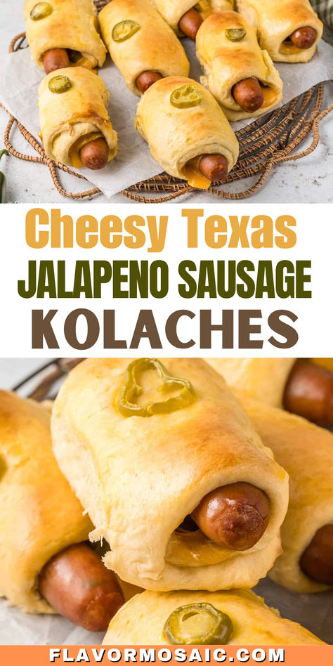 Cheesy Texas Jalapeno Sausage Kolaches are different than Czech kolaches because, in addition to sausage, we added jalapeños and cheddar cheese. Kolaches are a popular breakfast pastry in Texas, found at most donut shops and bakeries in Central, Southeast, and South Central Texas. If you have ever stopped at a Bucee’s in Texas on I-35 or I-10 and tried one of their breakfast kolaches, you will know how good these sausage, jalapeño, and cheddar-stuffed pastries are. Donut Shop Kolache Recipe, Sausage Kolaches Recipe Easy, Bake Sale Ideas Savory, Jalapeno Kolache Recipe, Sausage Kolache Recipe Czech, Popular Breakfast Ideas, Sausage Kolache Recipe Easy, Homemade Kolaches Easy, Jalapeno Cheddar Smoked Sausage Recipes