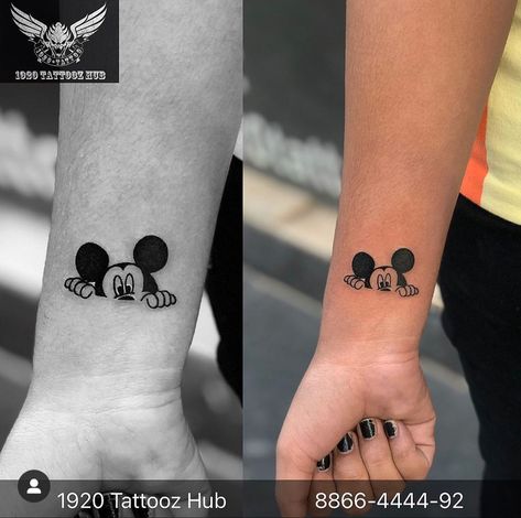 Mickey Mouse Small Tattoo, Mickey Mouse Matching Tattoos, Cute Mickey Mouse Tattoo, Disney Neck Tattoos, Tiny Mickey Mouse Tattoo, Tattoo Ideas Mickey Mouse, Mikey Mouse Tattoo, Mickey Mouse Tattoo For Men, Minnie Mouse Tattoo For Daughter