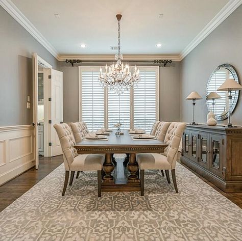 Mindful Gray Dining Room, Gray And Cream Dining Room, Greige Dining Room Ideas, 2 Tone Dining Room, Beige And Gold Dining Room, Creamy Dining Room, Beige Wainscoting White Walls, Formal Dining Room Paint Color Ideas, 2 Tone Dining Room Walls