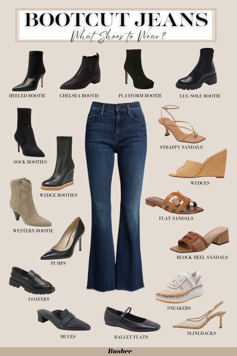 What Shoes To Wear With Bootcut Jeans – Complete (and Easy) Guide! Bootcut Jeans Style For Women, Boot Cut Jeans For Short Women, Bootcut Jeans And Sandals Outfit, Style With Bootcut Jeans, How To Wear Bootleg Jeans, Heels With Bootcut Jeans, Curvy Bootcut Jeans Outfit, Bootcut Jeans With Sandals, Boot Cut Jeans Shoes