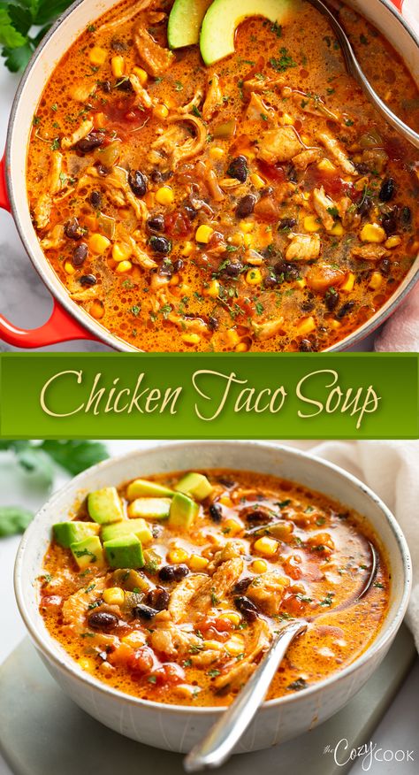 chicken taco soup with beans, shredded chicken, corn, tomatoes, and avocado. Quick Soups For Dinner Healthy, Spicy Creamy Chicken Soup, Soup Recipes Ground Chicken, Chicken Taco Soup Slow Cooker, Mexican Chicken Taco Soup, Spicy Mexican Chicken Soup, Easy Comfort Soup, Mexican Chicken Chowder Soup, Taco Potato Soup