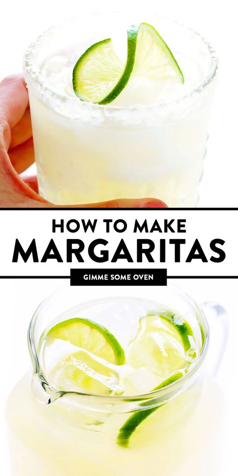 Learn how to make a margarita with this classic 3-ingredient margarita recipe! Instructions included for how to make a single-serving margarita cocktail or pitcher margaritas for a crowd. Plus options to make your drink smoky (with mezcal in place of tequila), spicy (with jalapeños or Tajín) or "skinny" (with fresh orange juice). | gimmesomeoven.com 3 Ingredient Margarita, Top Shelf Margarita Recipe, Pitcher Of Margaritas Recipe, 3 Ingredient Margarita Recipe, Make Ahead Margaritas For A Crowd, No Sugar Margarita Recipe, Margarita By The Pitcher, Limeade Margarita Recipe Pitcher, How To Make Margaritas On The Rocks