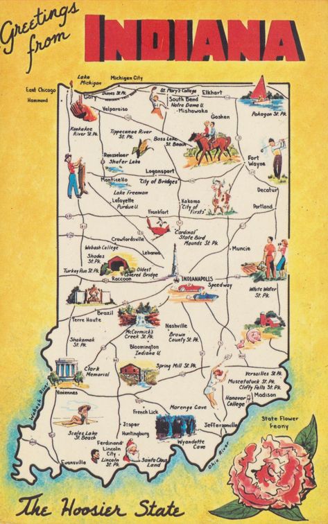 Greetings From Indiana | INDIANA Hoosier State CAPITAL: Indi… | Flickr Indiana Map, All The Bright Places, Michigan City, Indiana State, Vintage Souvenir, State Map, Arte Pop, Vintage Magazine, Post Cards