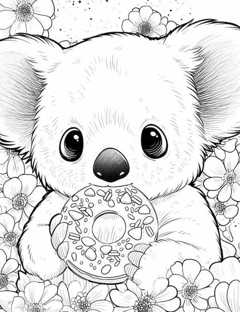 Baby koala and donut coloring page Koala Coloring Pages, Doodle Coloring Pages, Donut Coloring Page, Koala Illustration, Free Coloring Pages For Kids, Our Mindful Life, Koala Bears, Mickey Mouse Coloring Pages, Baby Animal Drawings