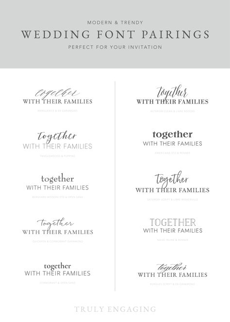 Customize the style and vibe you want to impress your guests with one of these combinations of typography. Our designs transformed by your style! Wedding Fonts Free Cricut, Font Pairing Wedding Invitation, Wedding Invite Font Pairings, Fonts Wedding Invitation, Wedding Invitation Fonts Combinations, Wedding Font Combinations Free, Best Fonts For Wedding Invitations, Wedding Signage Fonts, Canva Wedding Fonts Pairing