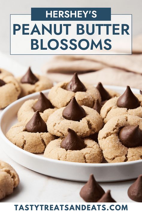 Easy Peanut Butter Blossom Cookies are the best dessert! Hershey Peanut Butter Blossoms are soft, chewy, delicious and so simple to make! The best recipe for Peanut Butter Blossoms! Blossoms Cookies, Peanut Butter Blossom, Butter Blossoms, Soft Peanut Butter Cookies, Veggies Recipes, Peanut Butter Blossom Cookies, Muffins Recipes, Chewy Peanut Butter Cookies, The Best Dessert