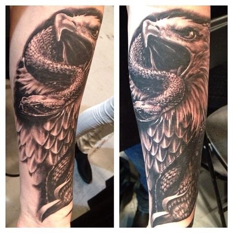 Snake and eagle tattoo. By Pete Terranova Eagle Snake Tattoo Realistic, Eagle Holding Snake Tattoo, Eagle With Snake Tattoo, Snake Eagle Tattoo, Snake And Eagle Tattoo, Eagle Snake Tattoo, Ship Tattoo Sleeves, Eagle Snake, Mexico Tattoo