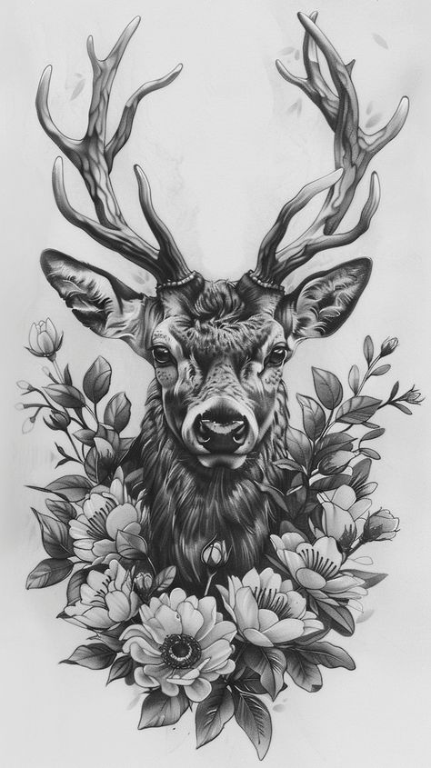 Tattoo design of a deer head with antlers and flowers around the neck, symmetrical and in greyscale. Deer Antler Sleeve Tattoo, Deer Head Tattoo Design, Deer Leg Tattoo, Deer Head With Flowers, Deer With Flowers Tattoo, Deer Sleeve Tattoo, Deer Flower Tattoo, Deer Antler Tattoo With Flowers, Antlers Tattoo