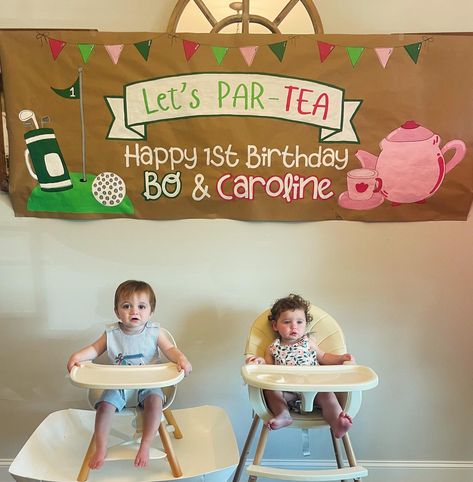 These two cutie cousins celebrated their first birthdays together with a little PAR-TEA! This was one of the cutest duo party themes I’ve seen so far⛳️🫖 What other joint birthday themes have you seen? Comment below… #birthday #birthdayparty #birthdaypartydecor #firstbirthday #handpaintedsigns #kraftpaper #etsy #etsyseller #etsysellersofinstagram Triplet First Birthday Ideas, Boy Girl Twin Birthday Party Theme, Twin First Birthday Themes, Twins First Birthday Party Ideas, Twin First Birthday Ideas, Sibling Birthday Parties, Par Tea, Twin Birthday Parties, Decor Business