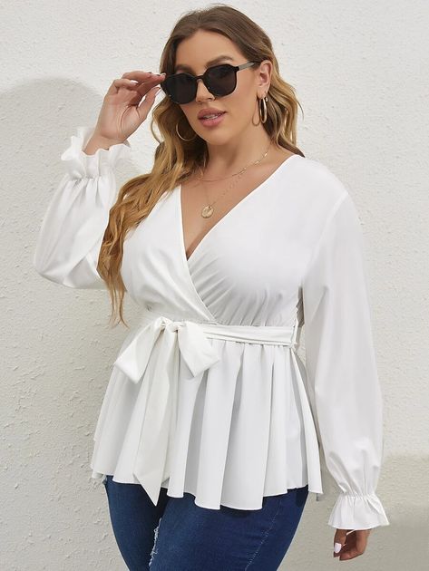 Plus Surplice Neck Flounce Sleeve Belted Peplum Blouse | SHEIN USA Simple Chiffon Top Styles, White Peplum Top Outfit, Peplum Top Outfits, Peplum Wrap Top, White Peplum Top, Ruffle Hem Blouse, Plus Size Peplum, White Peplum Tops, White Peplum