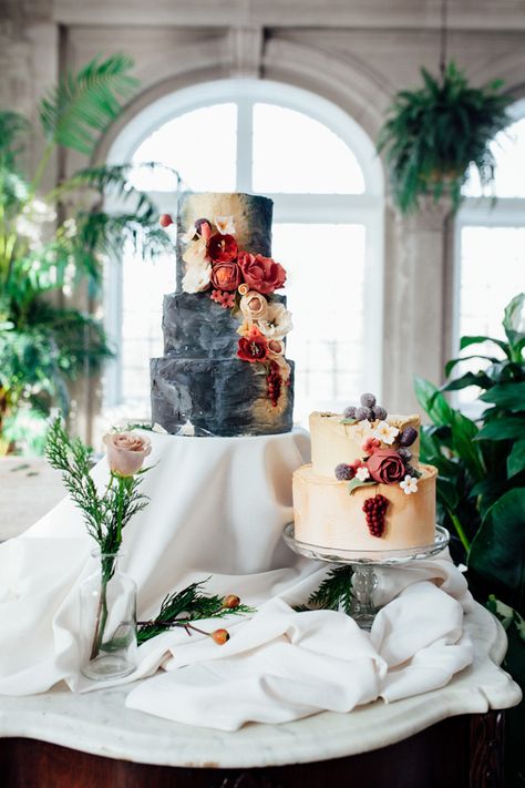 Photographer Sarah Kriner Photography describes this shoot as a "magical day," and we only had to take one glimpse at these images before we believed her too. Sarah, along with a team of Aisle Ready Events and Isibeal Studios, imagined a shoot inspired by Dutch still life paintings with an opulent + rich color palette,… Rosette Cake Wedding, Geometric Wedding Cakes, Wedding Cake Art, Metallic Wedding Cakes, Monogram Wedding Cake, Ruffle Wedding Cake, Painted Wedding Cake, Wedding Cake Ombre, Dutch Still Life