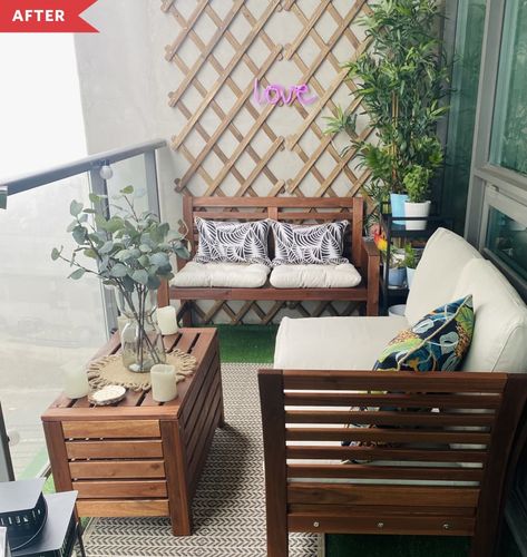 After: A balcony with two padded benches, a coffee table, plants, and an accent wall with a trellis and decorative light Bench For Balcony, Decorate Balcony, Balcony Bench, Indian Room, Terrace Decor, Patio Projects, White Tile Floor, Patio Balcony, Bedrooms Ideas