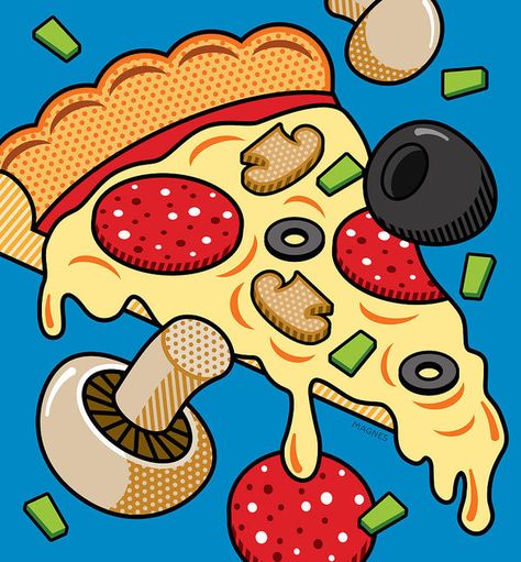 Pizza On Blue by Ron Magnes Ron Magnes, Pop Art Party, Pizza Cartoon, Pizza Drawing, Blue Digital Art, Pop Art Food, Pizza Art, Breakfast Pizza, Colorful Artwork