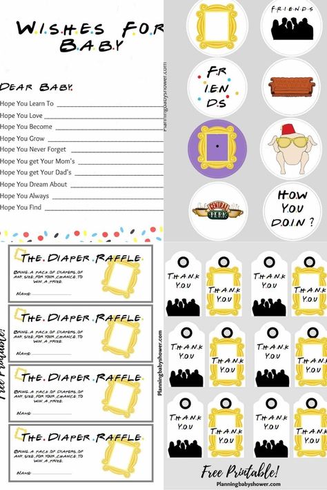 Friends Themed Nursery, Friends Themed Baby Shower Ideas, Friends Baby Shower Ideas, Friends Baby Shower Theme, Baby Shower Free Printables, Baby Shower Gift List, Baby Shower Theme Decorations, Baby Gender Reveal Party, Baby Shower Diaper Raffle