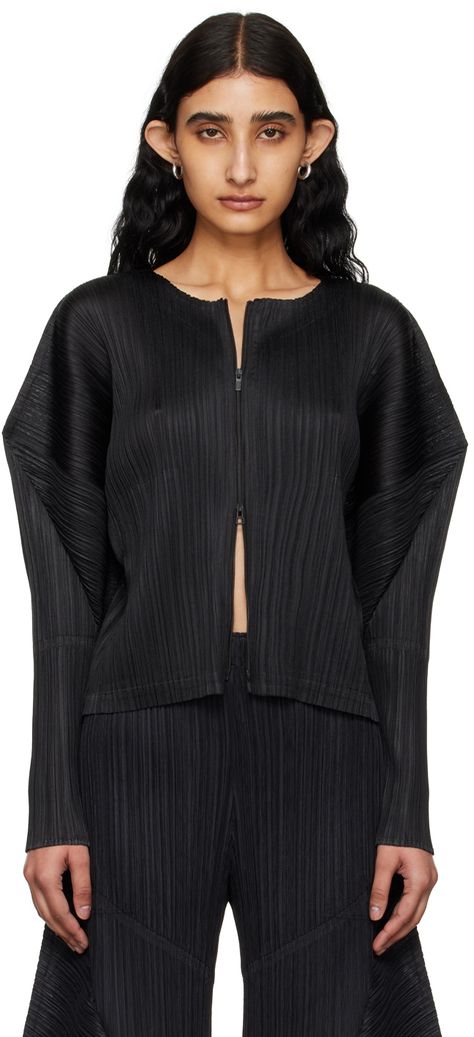 Garment-pleated polyester tricot jacket. · Crewneck · Two-way zip closure · Welt pockets · Pinched seam at dropped shoulders · Gathering at sleeves Supplier color: Black Issey Miyake Women, Issey Miyake Pleats Please, Pleated Jacket, Pleats Please, Long Sleeve Outerwear, Pleats Please Issey Miyake, Suit Accessories, Issey Miyake, Casual Jacket