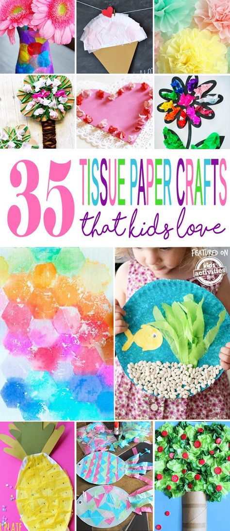 From fish to fruit, hearts to flowers, this roundup has 35 tissue paper crafts that kids will love to do all year long! Best Crafts For Kids, Diy Paper Art, Tissue Paper Art, Tissue Paper Crafts, Crafts And Activities For Kids, Best Crafts, Trendy Flowers, Crafts For Kids To Make, Paper Crafts For Kids