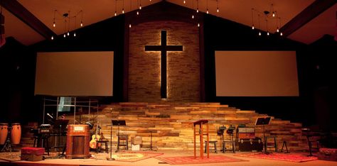 Vintage Warmth Stage Design from Christ Community Church in Ardmore, OK | Church Stage Design Ideas Church Design Sanctuary, Sanctuary Decor, Church Sanctuary, Church Foyer, Church Lobby, Church Building Design, Church Stage Design Ideas, Church Interior Design, Wooden Backdrops