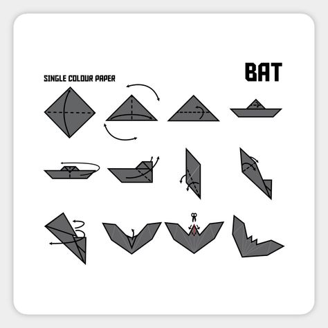 Origami bat instructional print. Show your love for the art of paper folding with this simple but stylish print and maybe you'll help others to love origami too. -- Choose from our vast selection of magnets to match with your desired size to make the perfect custom magnet. Pick your favorite: Movies, TV Shows, Art, and so much more! Available in two sizes. Perfect to decorate your fridge, locker, or any magnetic surface with. Origami For Room Decor, Bat Origami Easy, Origami Bat Tutorial, Bat Diy Decoration, Spooky Origami, Halloween Origami Easy, Oragami Ideas Easy For Kids, Bat Paper Craft, Bats In Love