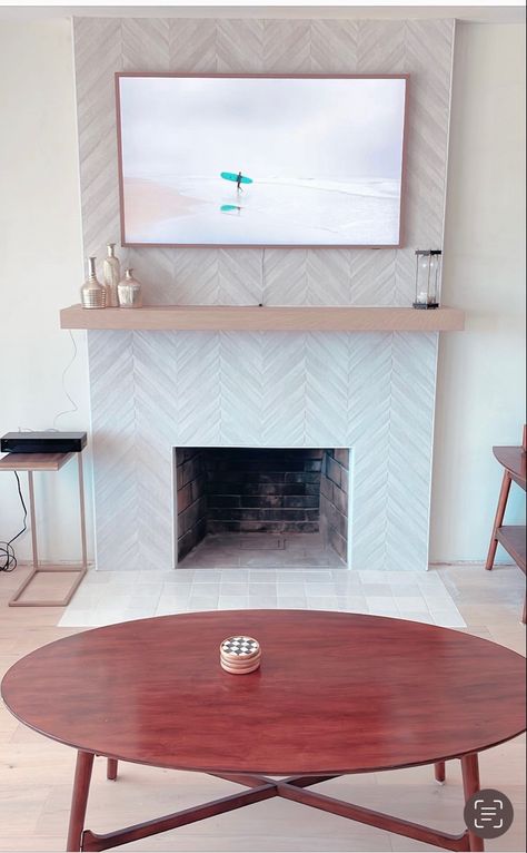 Fireplace Tile Ideas Floor To Ceiling, Herringbone Tiled Fireplace, Neutral Tile Fireplace, Beige Tile Fireplace, Cream Tile Fireplace, Fireplace White Tile, Tile Wall Fireplace, Gas Fireplace Tile Surround, Floor To Ceiling Tile Fireplace