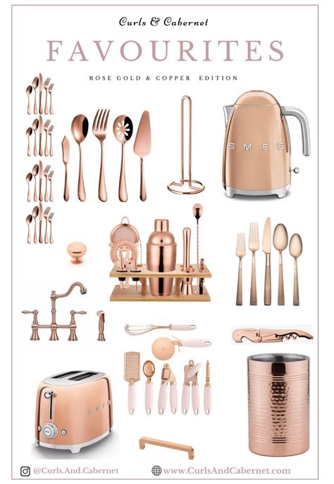 White Rose Gold Kitchen, Rose Gold Kitchen Ideas, Rose Gold Kitchen Accessories, Kitchen Brick, Rose Gold Flatware, Gold Kitchen Accessories, Rose Gold Kitchen, Kitchen Wares, Copper Decor