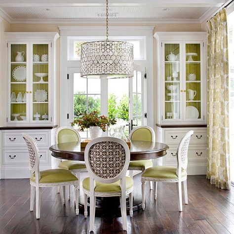 Dream Dining Room: Absolutely love a round dining table, great for conversation and there is always room to squeeze in one more guest. #contest Two China Cabinets In Dining Room, Kitchen With Round Table Ideas, Breakfast Room Built Ins, Dining Room With Corner Built Ins, Dining Room China Display, Cabinet In Dining Area, Dining Room Built In Cabinets Around Window, Built In In Dining Room, Casual Dining Room Off Kitchen