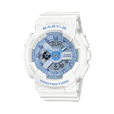 Slip on a splash of clean, fresh color with an eye-catcher inspired by the popular design of the G-SHOCK GA-110. The intricate combination of dial, index markings, and other components evokes mechanical gears with a pop of sharpness that adds a burst of energy. A standout in street fashion, this BABY-G delivers function, as well. Enjoy handy, reliable functions like LED lighting and stopwatch, as well as the shock and water resistance you count on. Silver Pocket Watch, Elapsed Time, Car Led Lights, Baby G, Casio G Shock, Analog Watch, Gshock Watch, G Shock, Beautiful Watches