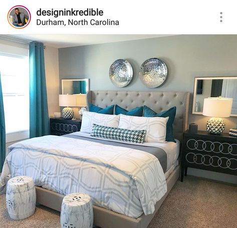 Teal and silver bedroom Silver And Teal Bedroom, Teal Bedroom Ideas For Women, Teal And Gray Bedroom, Bedroom Turquoise, Silver Bedroom, Grey Bedroom Decor, Teal Bedroom, Bedroom Remodel, Hotel Suite