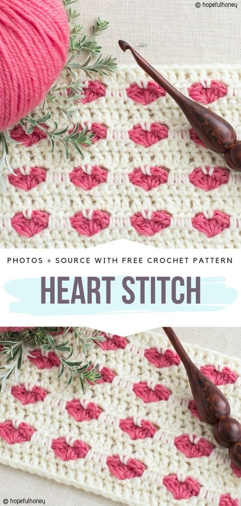 Heart Stitch Free Crochet Pattern #crochetstitch Crochet Heart Blanket, Heart Stitch, Blanket Tutorial, Crochet Heart Pattern, Crochet Stitches Free, Valentines Crochet, Crochet Bookmarks, Stitch Ideas, Stitch Crochet