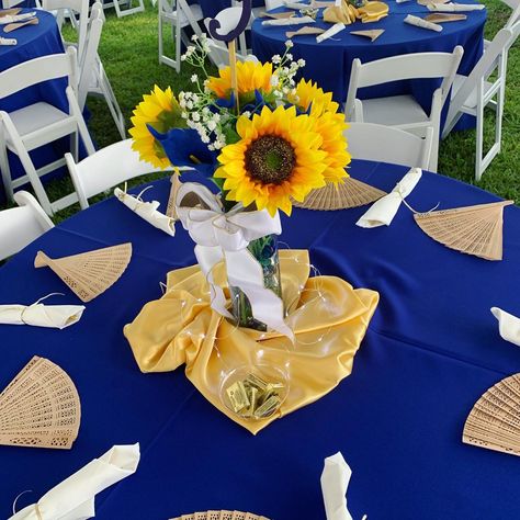 Blue White And Yellow Party Decorations, Blue And Yellow Table Decorations, Blue And Gold Theme Party, Blue And Yellow Graduation Party Ideas, Blue And Gold Graduation Party Ideas, Small Quinceanera Party Ideas, Blue Yellow Party, Blue Gold Graduation Party, Outdoor Party Table Decor