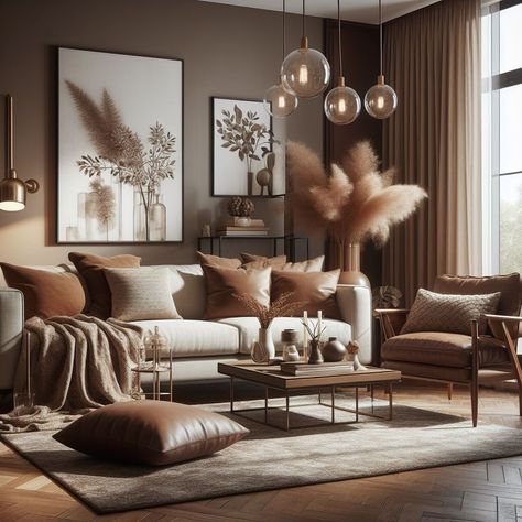 Brown Living Room Taupe Family Room, Brown Velvet Sofa Living Room Ideas, Brown Wall Living Room Ideas, Brown Walls Living Room Decor, Living Room Brown Walls, Warm Brown Living Room, Warm Colours Living Room, Brown Tones Living Room, Brown Living Room Walls