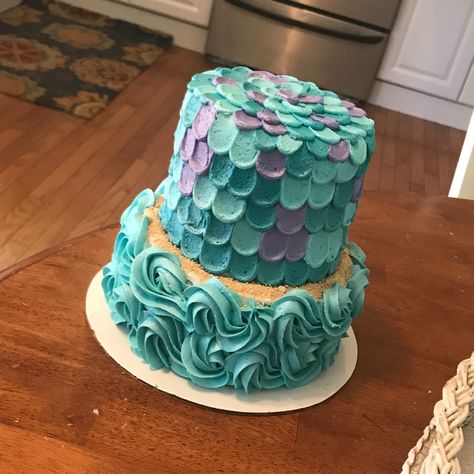 Mermaid theme birthday mini 2 tier smash cake Mermaid Scale Cake Buttercream, Mermaid Birthday Cake 2 Tier, Mermaid Cake With Scales, Small Mermaid Cake Birthday, Mermaid Layer Cake, Mermaid Two Tier Cake, Mermaid Cake Scales, Mermaid Scales Cake, Mermaid Diy Cake