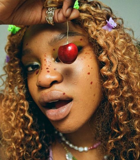 #womenfashion #cherries #hairstyles #butterfly #womenswear #blackgirlshairstyles Cherry Theme Photoshoot, Cherries Photoshoot, Fruity Photoshoot, Cherry Photoshoot, Hairstyles Butterfly, Fruit Photoshoot, Cherry Photo, Tangled Tower, Press Shots