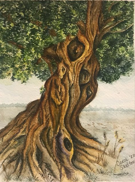 Painting A Tree Trunk, How To Paint A Tree Trunk, Trees Painted On Walls, Hollow Tree Drawing, Realistic Tree Painting, Tree People Art, Old Tree Illustration, Tree Stump Painting, Tree Leaves Drawing