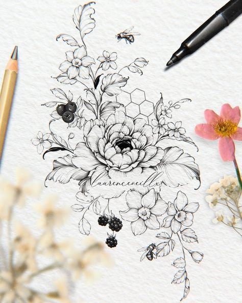 Flower Tattoo With Honeycomb, Fine Line Berry Tattoo, Honey Bee Flower Tattoo, Glute Tattoo, Peony Tattoo Shoulder, Berry Tattoos, Peony Tattoo Design, Bee And Flower Tattoo, Botanical Tattoo Design