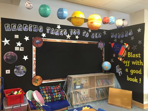 Space theme book corner Space Themed Reading Corner, Space Book Fair Theme, Space Reading Corner, Book Corner Classroom, Esl Classroom Decor, Hero Classroom Theme, Rainbow Theme Classroom, Space Theme Classroom, Reading Corner Kids