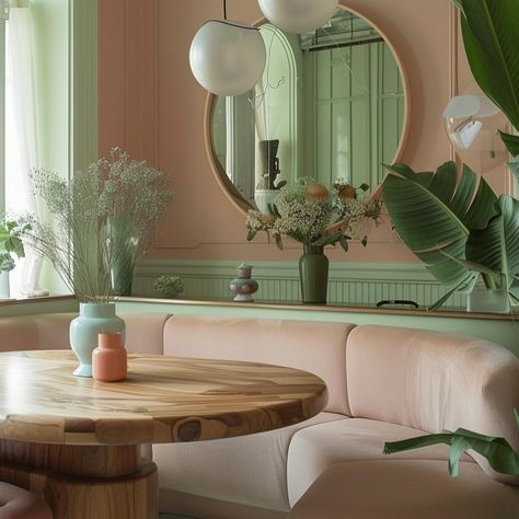 Pastel Pink and Green makes for a cute and calming atmosphere Pink And Green Interior, Matcha Cafe, Green Cafe, Blue Cafe, Green Interior Design, Calming Atmosphere, Orange Aesthetic, Graphic Style, Green Interiors