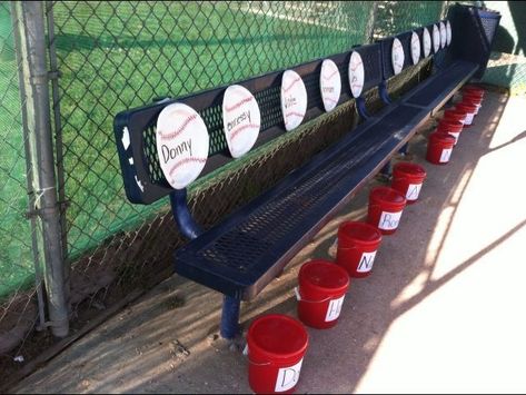 Dug Out ideas name tag baseball plates in batting order buckets full of goodies and water Tball Dugout Organization, Baseball Buckets For Dugout, Tball Coach, Dugout Mom, Dugout Organization, Softball Dugout, Softball Team Mom, Baseball Treats, Baseball Plate