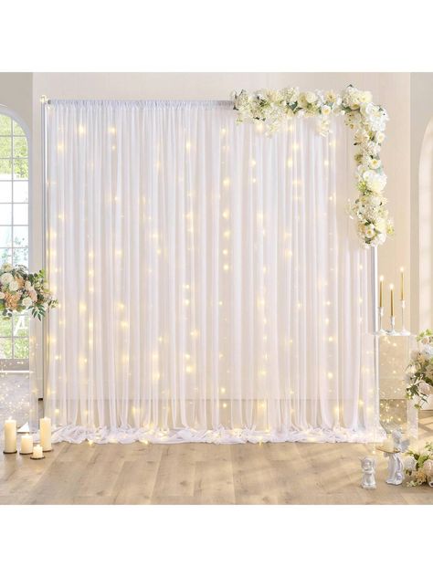 8.9x3.3 Feet White Tulle Backdrop Curtain With LED Fairy String Lights, Wrinkle Resistant Backdrop Curtain For Birthday Parties, Wedding Photo Backdrops, Bachelorette Parties, Shower Backdrops, White Backdrops Multicolor    PVC     Event & Party Supplies, size features are:Bust: ,Length: ,Sleeve Length: Curtain Lights Backdrop, White Curtain Backdrop, White Tulle Backdrop, Christmas Party Background, Curtain Backdrop Wedding, Wedding Photo Backdrops, Tulle Backdrop, Led Curtain Lights, Led Fairy String Lights