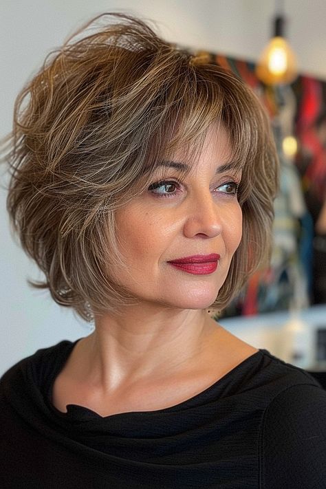 A woman with a layered feathered bob and peek-a-boo bangs highlighted in honey tones. Textured Bob With Bangs Fine Hair, Feathered Shag Haircut, Feathered Bob With Bangs, Bob Hair Cuts, Bobbed Hairstyles With Fringe, Flippy Hair, Feathered Bob, Honey Highlights, Short Hair Bride