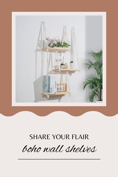 Hanging bohemian style shelves Boho Book Shelf, Boho Wall Shelf, Boho Shelves, Macrame Wall Hanging Shelf, Corner Storage Shelves, Wall Hanging Shelf, Wall Decor Storage, Hanging Bedroom, Floating Shelves Bathroom