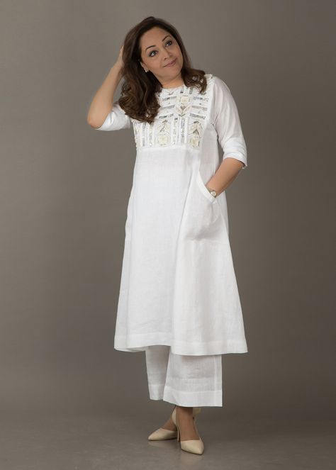 Ivory White Pure Linen Kurta with Cut-Fray Handwork