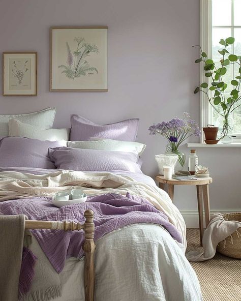 11+ Bedrooms Painting Ideas for a Quick and Impactful Room Makeover • 333+ Art Images Lilac Accent Bedroom, Heather Bedroom Ideas, Bedroom Inspirations Purple Wall, Bedroom Ideas For Small Rooms Purple, Cozy Lavender Bedroom, Light Purple Walls Bedroom Ideas, Lila Bedroom Ideas, Purple Wall Room Ideas Bedrooms, Purple Room Inspo Aesthetic