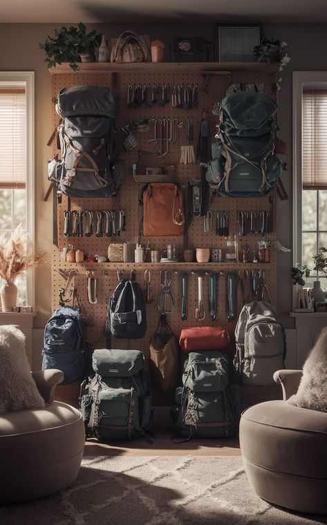 A DIY pegboard setup in a craft room featuring a customizable backpacking gear wall with organized gear. Pegboard Setup, Backpacking Gear Storage, Gear Room Organization, Outdoor Gear Storage, Diy Pegboard, Camping Room, Adventure Room, Gear Wall, Gear Room