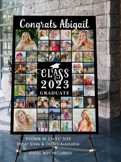 Create a custom color graduation party photo memory display printed on foam board utilizing this easy-to-upload photo collage template with 42 square pictures of your graduate through the years. The design features editable modern script and decorative typography for your personalized title (shown with CONGRATS NAME) and CLASS OF YEAR GRADUATE in your choice of text and background colors to change to school colors or coordinating party theme colors. Graduation Photo Collage, Photo Collage Poster, Square Pictures, Decorative Typography, Graduation Poster, Senior Ideas, Poster Design Layout, Graduation 2024, Class Pictures