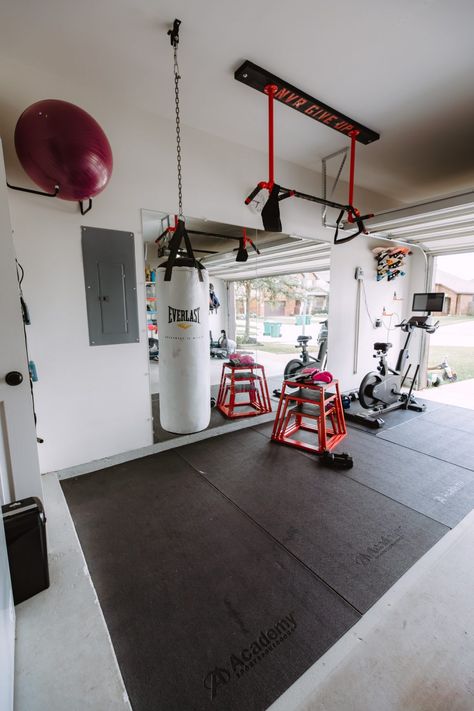 Half Garage Gym On a Budget - Uptown with Elly Brown Half Garage Gym, Houston Lifestyle, Small Home Gyms, Home Gym Basement, Gym Space, Home Gym Flooring, Home Gym Garage, Workout Room Home, Trening Sztuk Walki