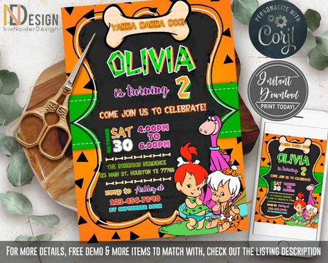 Flintstones Birthday Invitation, Yabba Dabba Two Birthday Invitation, Pebbles Flintstone Party, The Flintstones, Us Holidays, Invitation Kits, 2 Birthday, Birthday Idea, Some Text