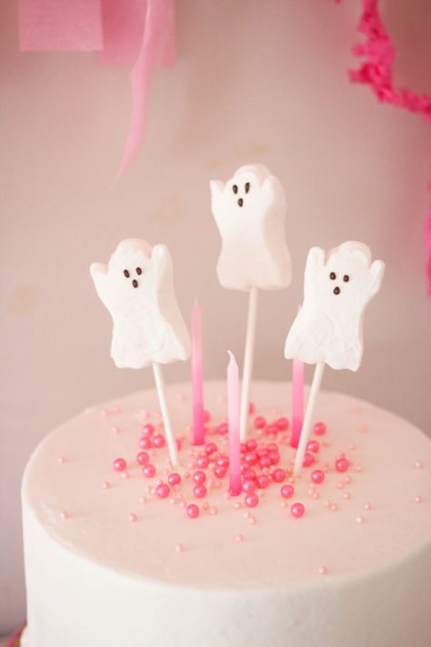 Pink Halloween Birthday Party, Pink Halloween Birthday, Second Birthday Cakes, Halloween First Birthday, Halloween Themed Birthday Party, Ghost Party, Halloween Birthday Party, Pink Birthday Cakes, Birthday Halloween Party