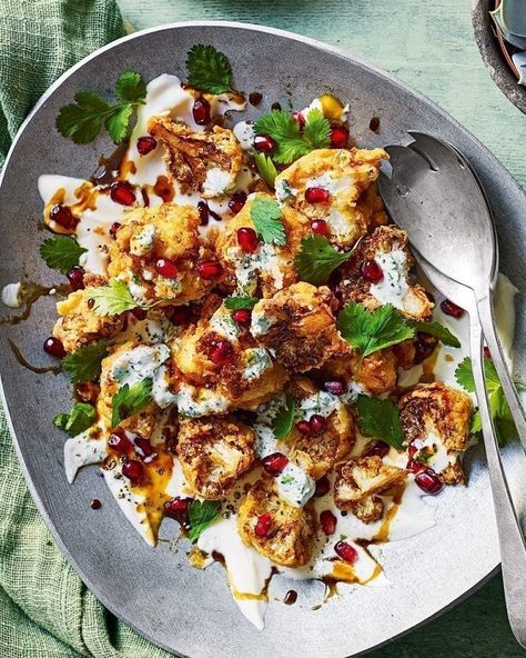 Cauli chips with pomegranate and yogurt recipe | delicious. magazine Cauliflower Chips, Vegetarian Christmas Recipes, Roasted Cauliflower Salad, Vegetarian Main Course, Cauliflower Salad, Delicious Magazine, Baked Cauliflower, Cauliflower Recipes, Roasted Cauliflower