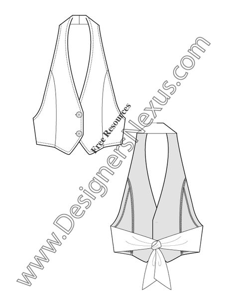 2-button halter vest with tieback closure. Pointed hem and front princess seams to armholes. Easily edit this vector flat fashion sketch template in Adobe Illustrator. Halter Vest Pattern, Flat Pattern Fashion, Vest Pattern Free Sewing, Vest Flat Sketch, Vest Sewing Patterns, Diy Vest Pattern, Vest Pattern Sewing, Flat Fashion Sketch, Fashion Technical Drawing